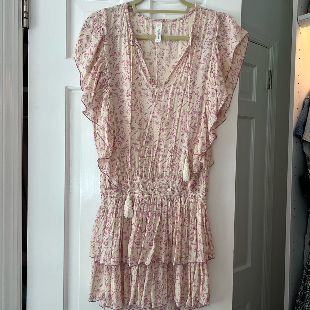 Cool Change Floral Tassel Tiered Mini Dress in Cream and Dusty Rose